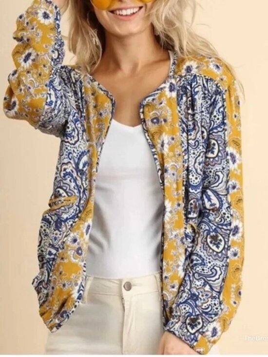 Umgee Jackets & Blazers - Umgee Priscilla Paisley Zip Up  Bomber Jacket - Yellow & Blue Floral - S